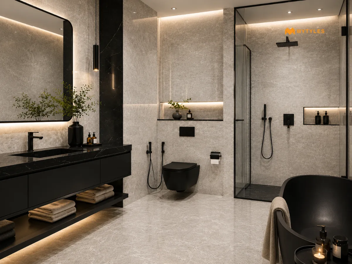 Polar Grey Marble Look GVT Tiles in Bathroom